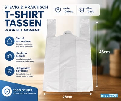 Hemdtasjes - 28+14x48cm - 16mic - Wit - HDPE - 1000 stuks - Winkelzak - Draagtas - Plastic tas - Sterk kwaliteit - IMES PACK