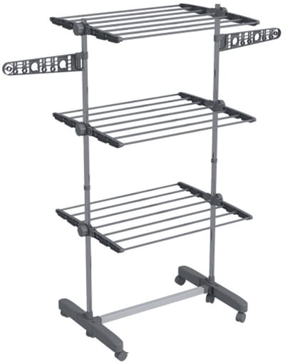 Wasrek 142×55×152cm (uitgevouwen maat) 80×13×152cm (opgevouwen maat) Grijs Staal Droogrek Handdoekrek Met Wieltjes 3 Lagen Vouwontwerp Geschikt voor Slaapkamer en Balkon