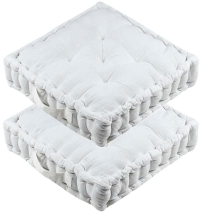 Stof Textile Vloerkussen Maxime - 2x - wit - katoen - 45 x 45 x 10 cm - vierkant - Extra dik - extra zitplaatsen - spelen - gamen - relaxen
