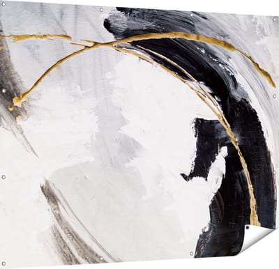 Gards Tuinposter Abstracte Kunst - Wit met Zwart en Goud - 150x120 cm - Tuindoek - Tuindecoratie - Wanddecoratie buiten - Tuinschilderij