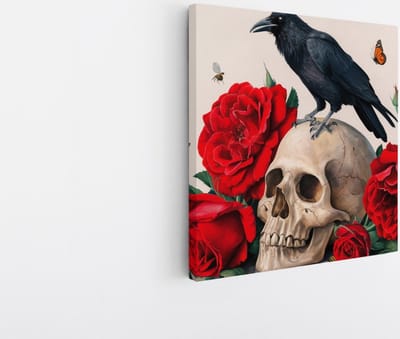 Saammp Canvas Schilderij - Kraai op Schedel met Rode Rozen - bloemen - Abstract - 20x20 - Foto op canvas - Wanddecoratie - Muurdecoratie Woonkamer - Kantoor Decoratie