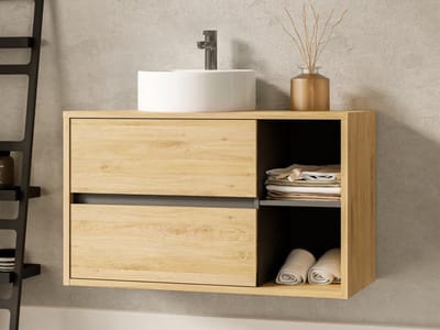 Vente-unique Hangmeubel voor badkamer met ronde wastafel - Naturelkleurig - 100 cm - PURNAL