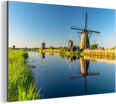 Aluminium schilderij 180x120 cm - Wanddecoratie metaal - Molen - Water - Reflectie - Nederland - Metalen muurdecoratie woonkamer - Decoratie industrieel - Foto op dibond - Industriële accessoires slaapkamer