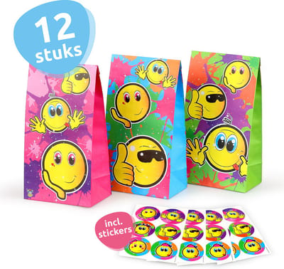Isa's Friends® Uitdeelzakjes + Stickers - Emoji's - 12 stuks - Stevig Papier - Traktatie zakjes