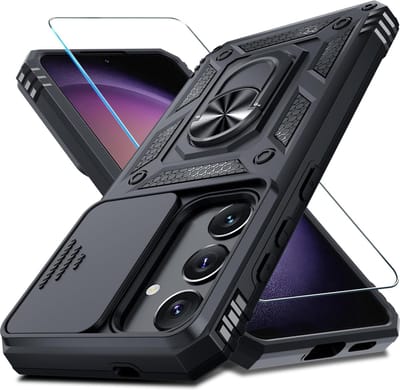 Casemania Hoesje Geschikt voor Samsung Galaxy S25 Plus - Zwart - Anti-Shock Hybrid Armor Back Cover - Hoes met Kickstand Ring en Camera Bescherming - Glazen Screenprotector