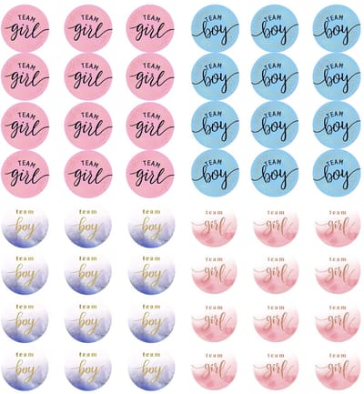 Dailygoods- Geslachtsstickers Set van 48 - Team Jongens/Team Meisjes - Genderonthulling Stickers - Lichtgewicht/Duurzaam - 3 cm Rond - Heldere Kleuren