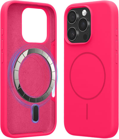 kwmobile Telefoonhoesje voor Apple iPhone 16 Pro - Hoes met siliconen randen en magnetische achterkant compatibel met MagSafe, in neon roze
