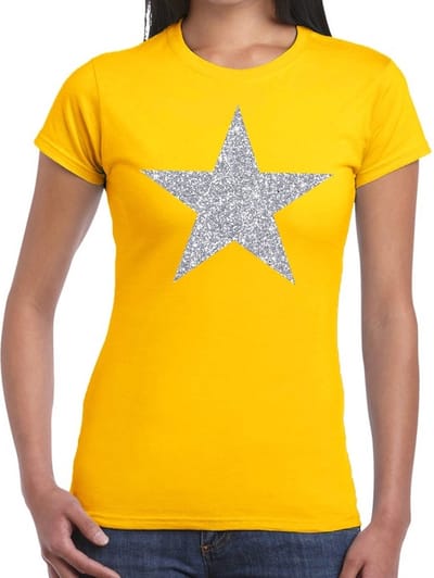 Glitter and glamour ster T-shirt - zilver glitters - geel - dames - Verkleedkleding - Feestkleding XS