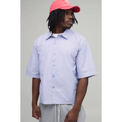 Lang Oversized Boxy Shirt Met Halve Mouwen En Geborduurd Multistreep Patroon | Blue | Size Small