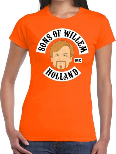 Sons of Willem thema t-shirt - oranje - voor dames - koningsdag kleding vrouwen XS
