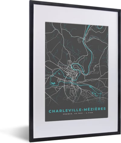 Fotolijst incl. Poster - Charleville-Mézières - Frankrijk - Plattegrond - Kaart - Stadskaart - 30x40 cm - Posterlijst