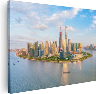 Artaza Canvas Schilderij Stad - 40x30 cm - Klein - Wanddecoratie Skyline Shanghai - Muurdecoratie Rivier - Kamer Accessoires