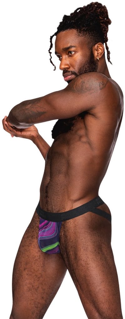Male Power Sexy Strappy Jock met Zwarte penisring - L/XL - Galactische Swirl - Paars