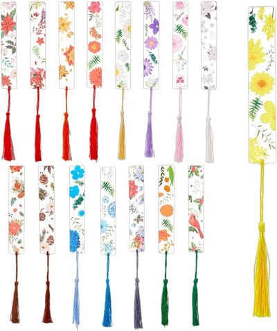 16 x Acrylic Flower Boekenleggers - Rechthoekige Gemengde Kleuren - Transparant met 16 x Kleurrijke Penselen voor Kunstcadeaus - Boekenliefhebbers - Schrijvers - Lezers