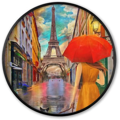 Poster in lijst Rond - Fotolijst 60x60 cm - Posters - Schilderij - Olieverf - Vrouw - Hond - Parijs - Ronde posterlijst zwart - Decoratie - Wanddecoratie woonkamer - Muurdecoratie slaapkamer