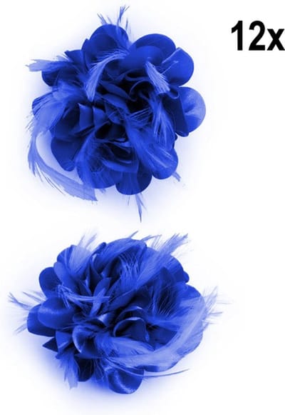 12x Bloem op speld met veertjes blauw - Themafeest party broche huwelijk