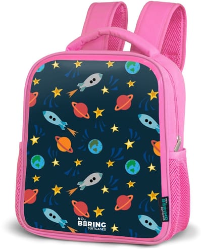 NoBoringSuitcases.com® - Rugzak roze - Schooltas meisjes - Patroon van raketten en planeten - Kinder rugtas meisje - Boekentas kind - Kinderrugzak voor school - Schoolrugzak