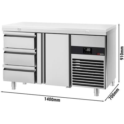 GGM Gastro Kühltisch PREMIUM - 1400x700mm - mit 1 Tür - 3 Schubladen - inkl. Schneideplatte Weiß
