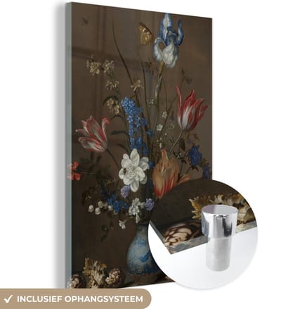 MuchoWow® Glasschilderij 120x180 cm - Schilderij acrylglas - Bloemen in een Wan-Li vaas en schelpen - Schilderij van Balthasar van der Ast - Foto op glas - Schilderijen