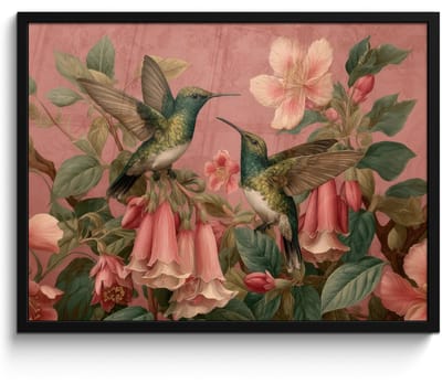 Poster in lijst - Fotolijst 80x60 cm - Posters - Kolibries - Bloemen - Groen - Roze - Posterlijst zwart - Decoratie - Wanddecoratie woonkamer - Muurdecoratie slaapkamer