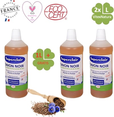 Savon Noir Traditionele Vloeibare zwarte huishoud zeep 2 + 1 GRATIS | 3 Lit Multifunctioneel schoonmaakmiddel. Biologisch afbreekbaar | Superclair