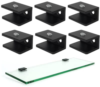6 stuks - Glasklemmen - Glazen plankbeugel - Verstelbare vierkante glasklemmen - Aluminiumlegering glasklemmen - Wandgemonteerde glazen plankbeugel - Geschikt voor 10-12 mm glas - Geschikt voor glas en decoratieve voorwerpen (zwart)