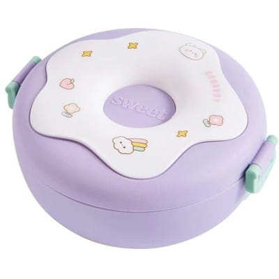 Lunchbox voor schoolkind, snackbox, donut, cartoon, lekvrij, bentobox, lunchzakken met vork, lepel, 3 compartimenten, magnetronbestendig paars