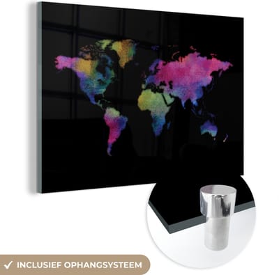 ® Glasschilderij 150x100 cm - Schilderij acrylglas - Wereldkaart - Waterverf - Kleuren - Foto op glas - Muurdecoratie woonkamer - Wanddecoratie slaapkamer - Schilderijen