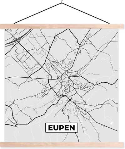 Posterhanger incl. Poster 40x40 cm - Schoolplaat - België – Eupen – Stadskaart – Kaart – Zwart Wit – Plattegrond - Textielposter - Blanke latten - Stadskaart