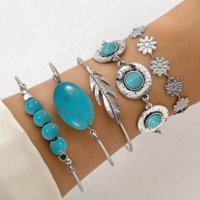 5 Pièces/Ensemble Bracelets Vintage Bohème Incrustés de Turquoise Femmes Style Ethnique Fleur Plume Bracelet Manchette Bangles Bijoux Boho blue