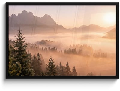 Poster in lijst - Fotolijst 90x60 cm - Posters - Zonlicht - Mist - Bergen - Bomen - Posterlijst zwart - Decoratie - Wanddecoratie woonkamer - Muurdecoratie slaapkamer
