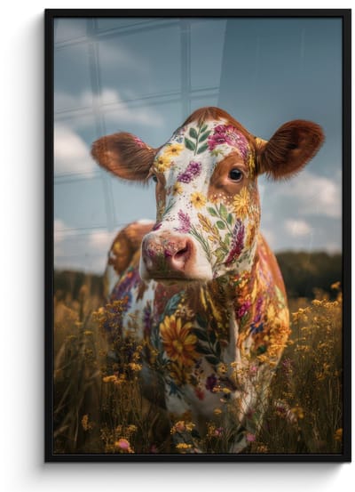 Poster in lijst - Fotolijst 80x120 cm - Posters - Koe - Bloemen - Weiland - Posterlijst zwart - Decoratie - Wanddecoratie woonkamer - Muurdecoratie slaapkamer