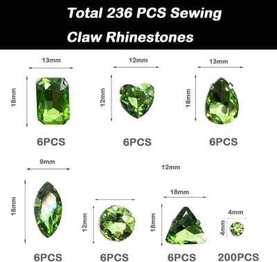 Rhinestones voor Naaiwerk - 236 Stuks Metalen en Glazen Edelstenen voor Kleding, Schoenen en DIY Creaties (Lichtgroen)
