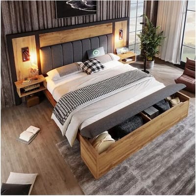 ModernLuxe Volwassen bed 180×200cm - met leeslampje + oplaadpunten + opbergbank - met metalen onderstel - Naturel
