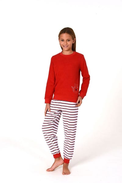 Meisjespyjama, badstof pyjama met manchetten en een schattig motief - gestreepte look