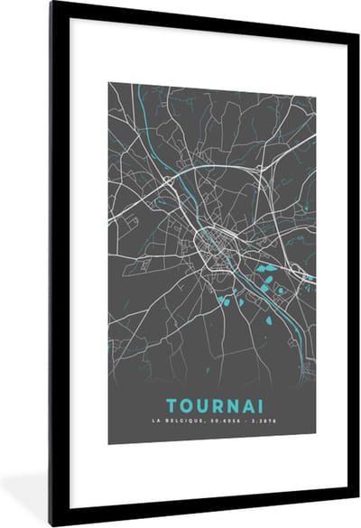 Fotolijst incl. Poster - Kaart – Plattegrond – Stadskaart – Tournai – België - Grijs - 60x90 cm - Posterlijst