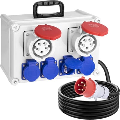 Wanddistributiekast IP44 met 2 x CEE 5-polige 16 A en 4 x Schuko 16 A stopcontacten, 2 m kabel voor buitengebruik en industrie