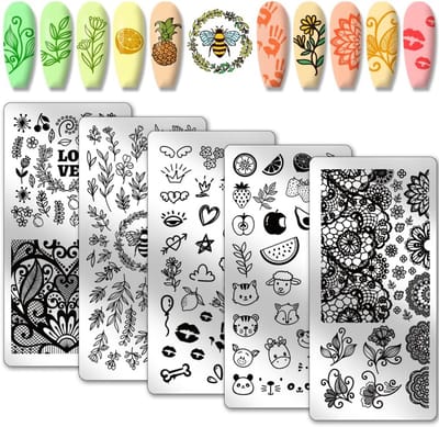 5pcs Nail Art Templates - Mix Design Nail Stamping Plate - Flower Leaf Fruit Animals - Stencils - Stainless Steel Nail Image Plates voor Holiday Nail Design Print Manicure Salon
