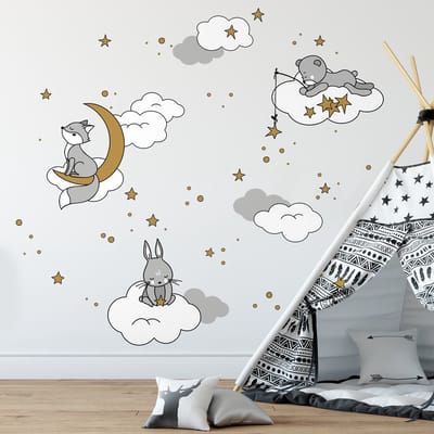 Muurstickers - Dromerige dieren onder de sterren - Zelfklevende stickers - 90x60cm