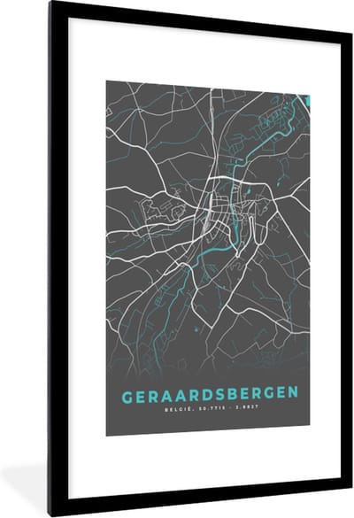 Fotolijst incl. Poster - Plattegrond – Geraardsbergen – Blauw – Stadskaart - Kaart - België - 80x120 cm - Posterlijst