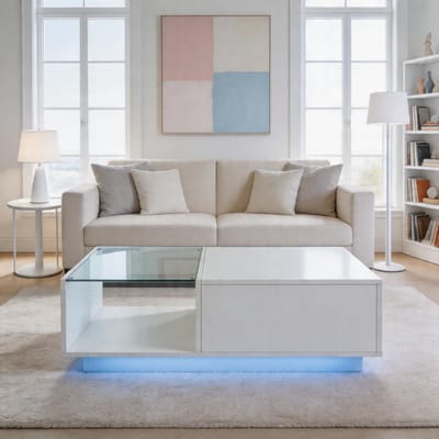 Komhtom - LED-salontafel met verstelbare hoogte - Hoogglans tafel met verborgen opbergruimte en legplank - Afmetingen 50×100×(33-46,5) cm