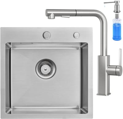 Auralum max Spoelbak Met Kraangat - Spoelbak Keuken Met Keukenkraan - Spoelbakken Keuken en Zeepdispenser 300ML - Keuken Gootsteen 45 x 45 cm - Keuken Gootsteen met Sifon en Afvoerzeefje - Zilver