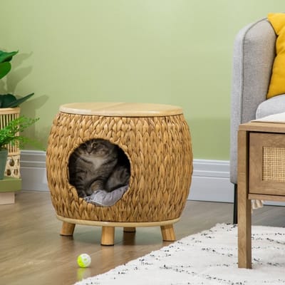 MEUNIQ kattenhuis 44 x 43 x 42 cm met wasbaar kussen, kattenhol van waterhyacintengras, te gebruiken als kruk, voor binnen in de woonkamer, lichtbruin