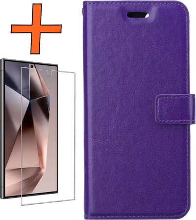 Hoes - Met Screenprotector - Geschikt voor Samsung Galaxy S24 Ultra - Luxe Pasjeshouder - Bookcase Portemonee - Flip Case - Kunstleer Book Case - Flipcase - Book Cover - Walletcase - PortemonneeHoes - Paars