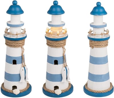 Houten Vuurtoren - Decoratief Object - Sfeervolle Verlichting - Energie-efficiënt LED - 10 x 30 cm - Wit met Blauw