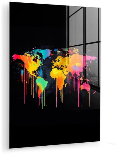 MuchoWow® Glasschilderij 60x80 cm - Schilderij acrylglas - Wereldkaart - Verf - Kleurrijk - Graffiti - Wereld - Foto op glas - Muurdecoratie woonkamer - Wanddecoratie slaapkamer - Schilderijen