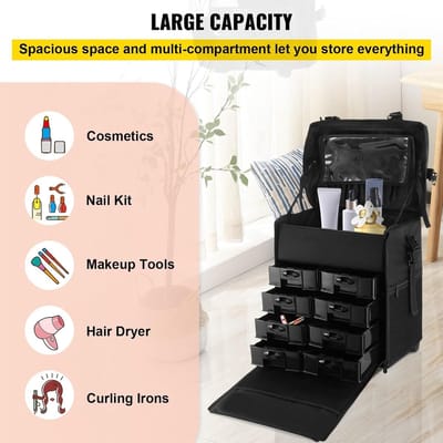 Make-up Koffer Trolley - Cosmetica Organizer - Professioneel Gebruik - Afneembare Delen - 41x30x44 cm - Zwart