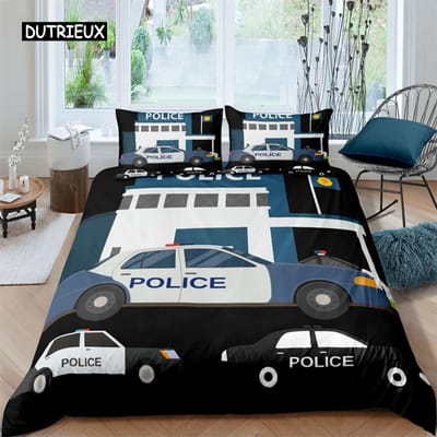 Housse de couette Voiture de police Voiture de dessin animé Feux de police Collection de literie Enfants Garçons Bleu Gris Véhicules d'intervention d'urgence Décoration en polyester EU single(135x200cm)