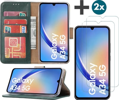 Samsung Galaxy A34 (5G) hoesje - bookcase met pasjeshouder + 2x Screenprotector tempered glass - Groen