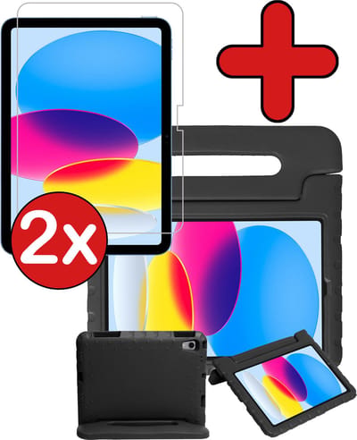 Hoesje - Geschikt voor Apple iPad A16/A18 (2022/2025/2026) - 10.9 & 11 inch (10e, 11e & 12e generatie) - Met 2x Screenprotector - Kinderhoes - Shockproof Bumper - Kidsproof Case - Tablethoes - Kinder Hoes Cover - Zwart